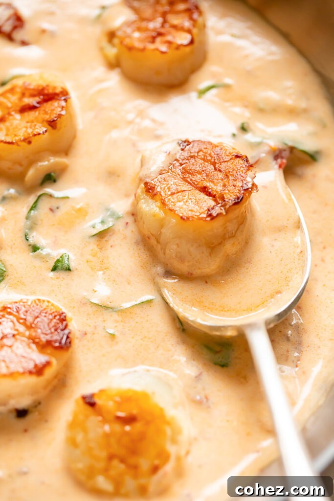 Close up shot of marry me scallops being scooped out of a pan
