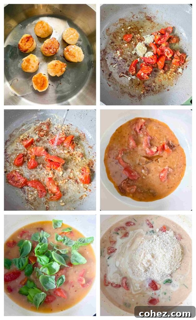 process shots of scallops being seared in a pan and marry me sauce being made in another