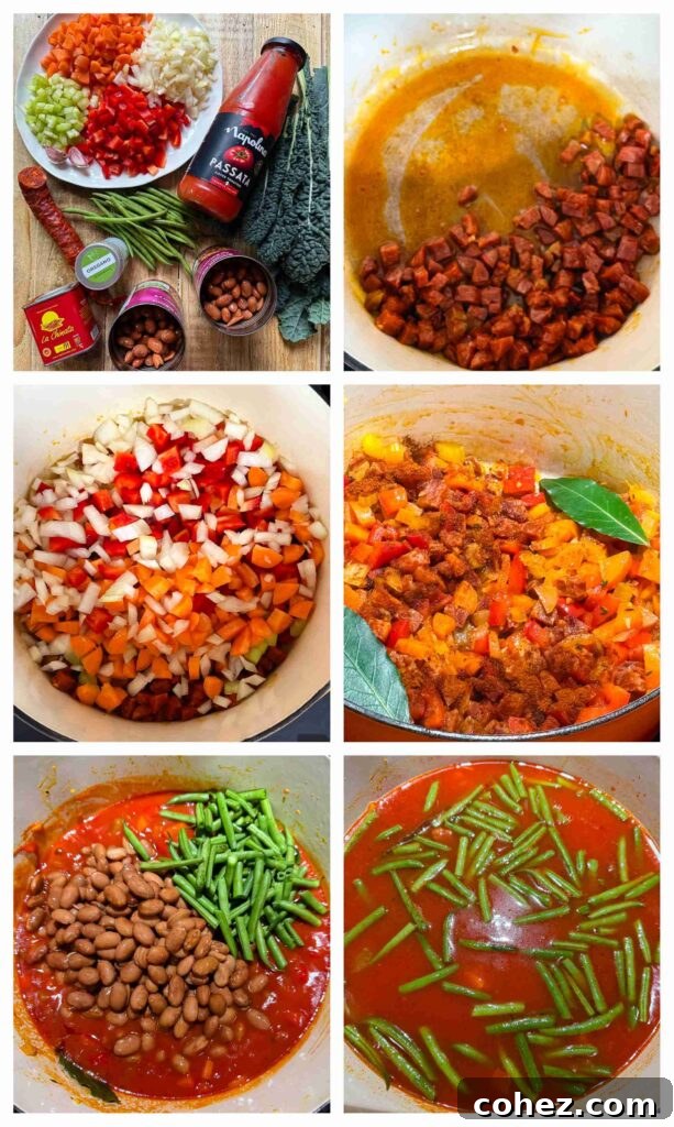 Process shots of chorizo and veg being prepared before added to pot and cooked into soup