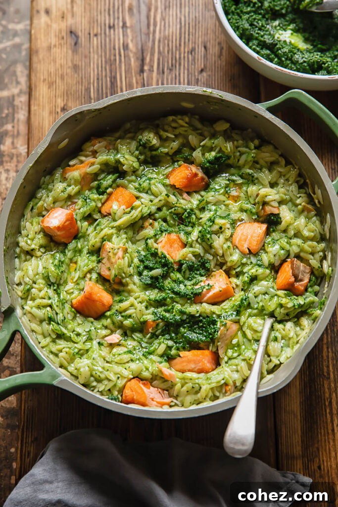 Salmon Orzo with Vibrant Tuscan Kale Pesto 3 Top down shot of salmon orzo with kale pesto in a pan with a serving spoon