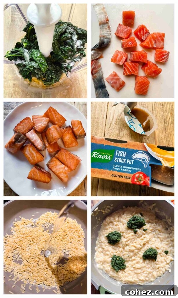 Salmon Orzo with Vibrant Tuscan Kale Pesto 5 Process shots of salmon and orzo being prepared before cooked in a pan with creamy pesto sauce