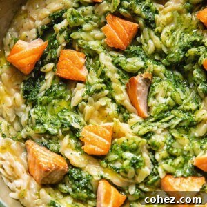 Salmon Orzo with Vibrant Tuscan Kale Pesto 6 Close up shot of kale pesto orzo in a pan with salmon pieces