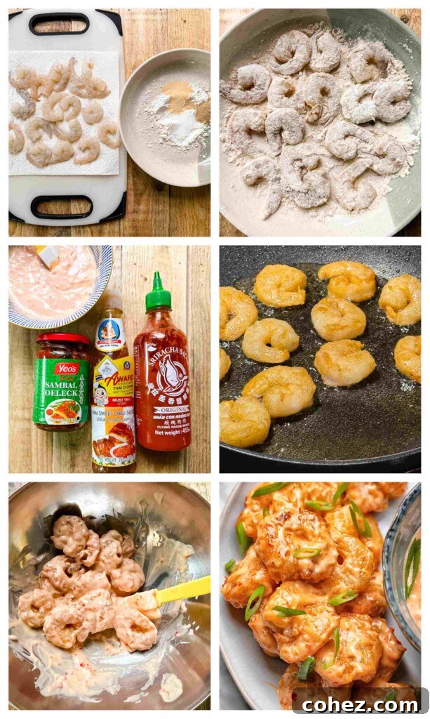 Process shots showing how to make Bang Bang Shrimp: battering shrimp in cornstarch, frying them to golden perfection, and whisking ingredients for the spicy mayo sauce.
