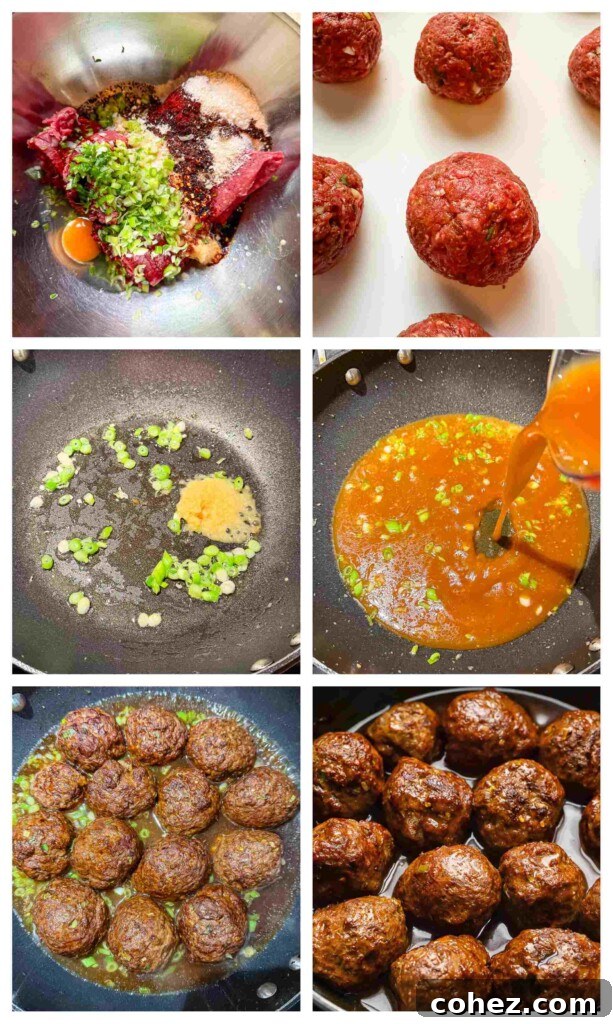 Sticky Sweet Teriyaki Meatballs 5 Process shots of meatballs being mixed and rolled before cooked with teriyaki sauce