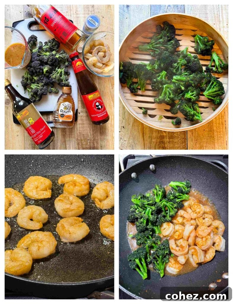 Process shots of shrimp being prepared, including coating in marinade, before stir frying.