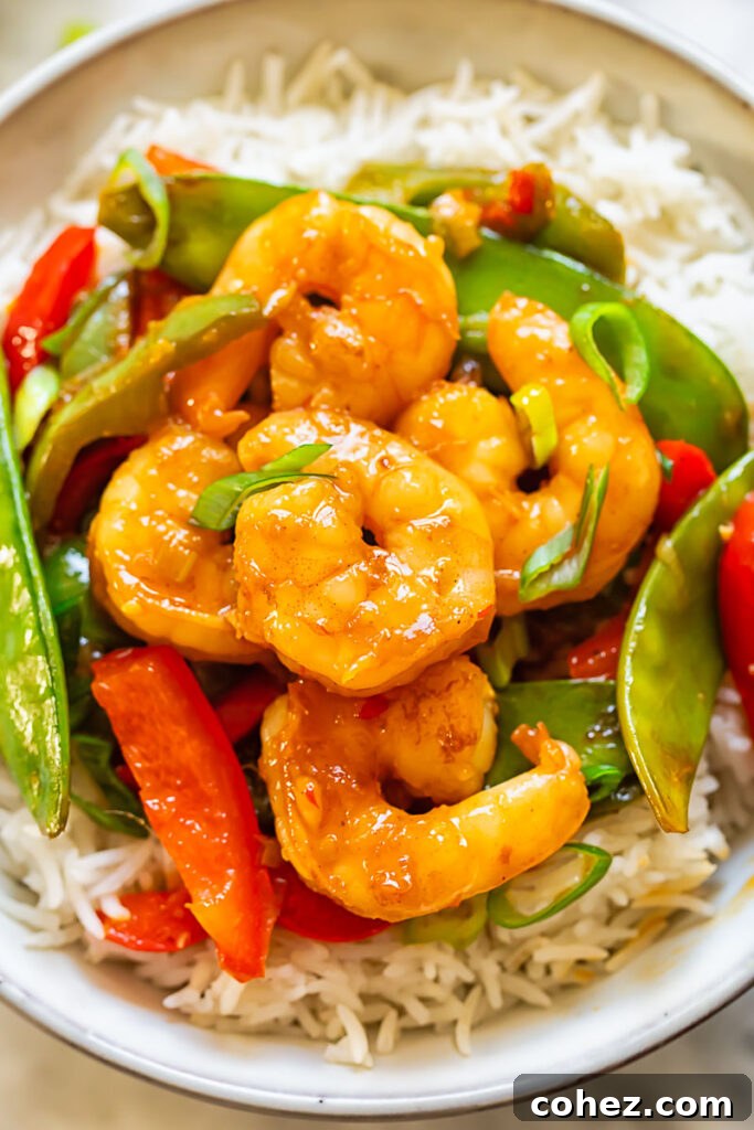 Sweet Heat Shrimp Stir-Fry 4 Close up shot of shrimp stir fry on top of rice in a bowl