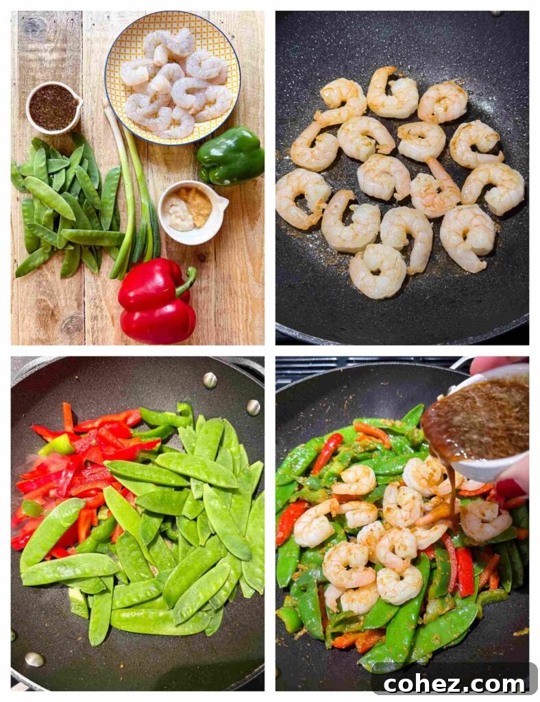 Sweet Heat Shrimp Stir-Fry 5 Process shots of veg and shrimp being prepared before stir fried