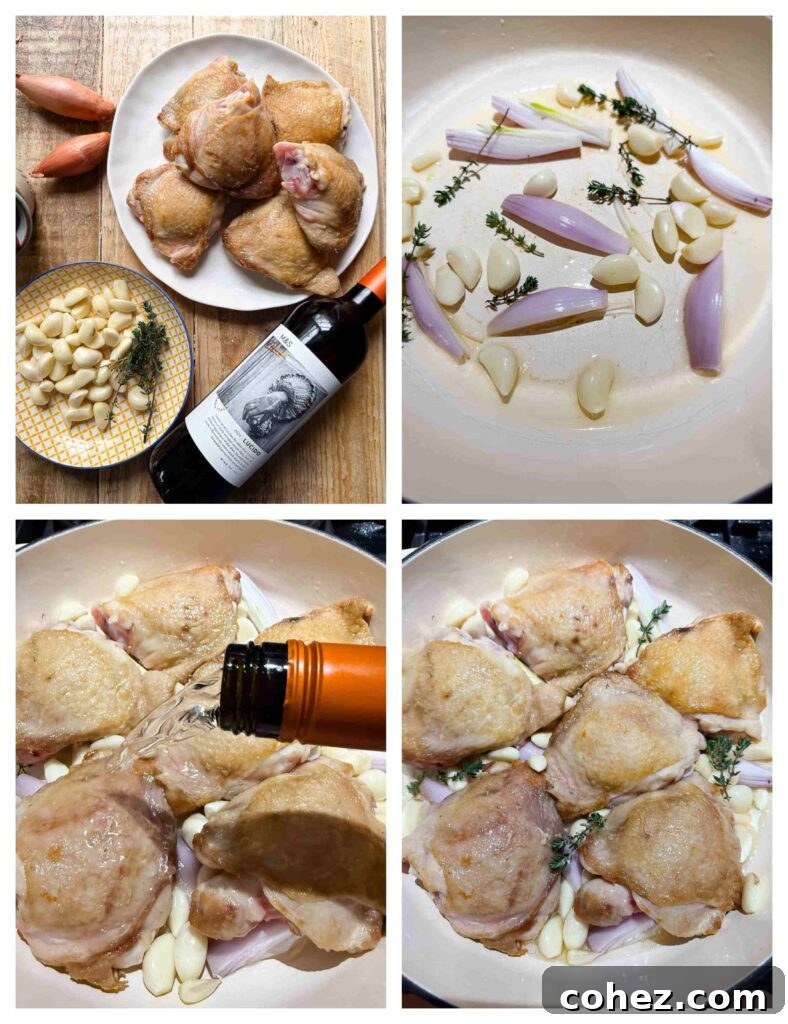 Process shots of chicken, garlic and shallots being cooked in a pan with white wine sauce