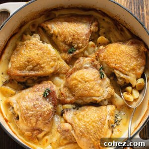 Top down shot of chicken with 40 cloves of garlic in a large wide pan