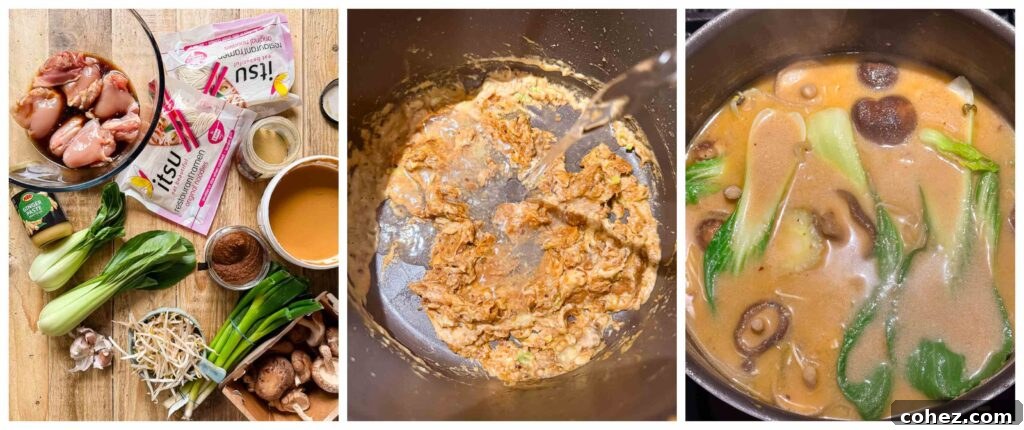 Process shots of ramen ingredients being prepared before cooked together in a pot, showing step-by-step assembly.