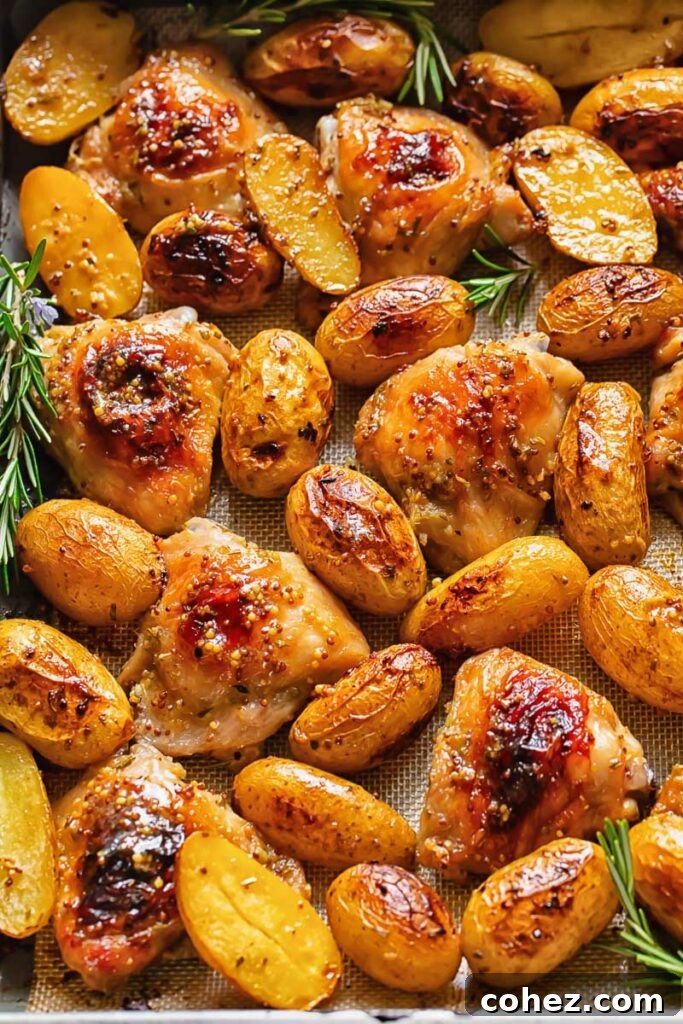 Top down shot of honey mustard chicken thighs in a baking tray with potatoes