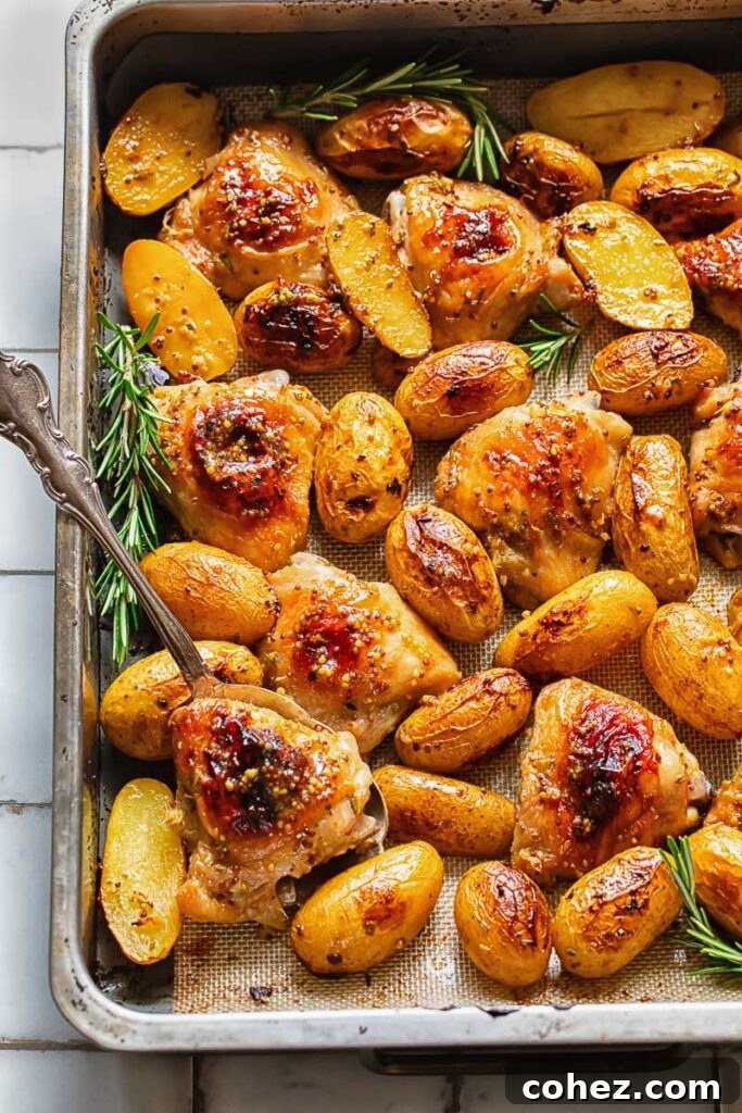 Top down shot of honey mustard chicken thighs with a serving spoon in a baking tray 