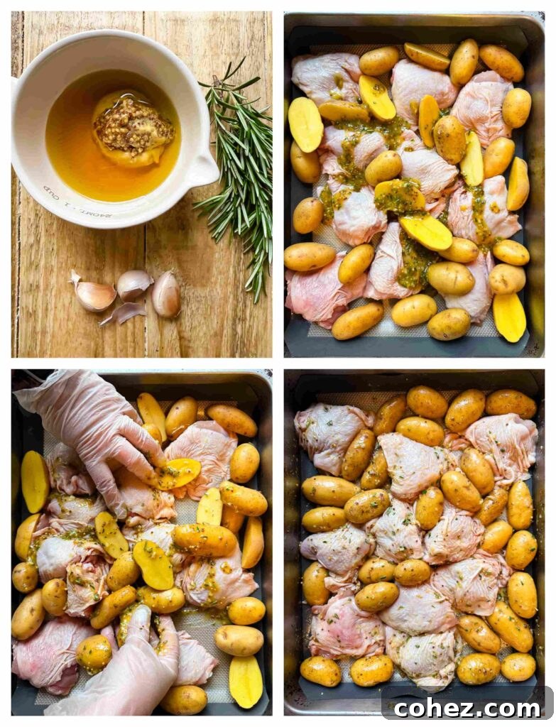 Process shots of chicken thighs being glazed and placed on baking tray before cooked