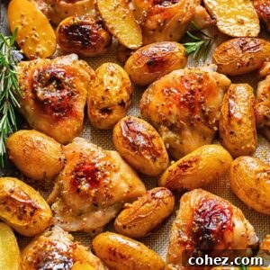 Top down shot of honey mustard chicken thighs in a baking tray with potatoes