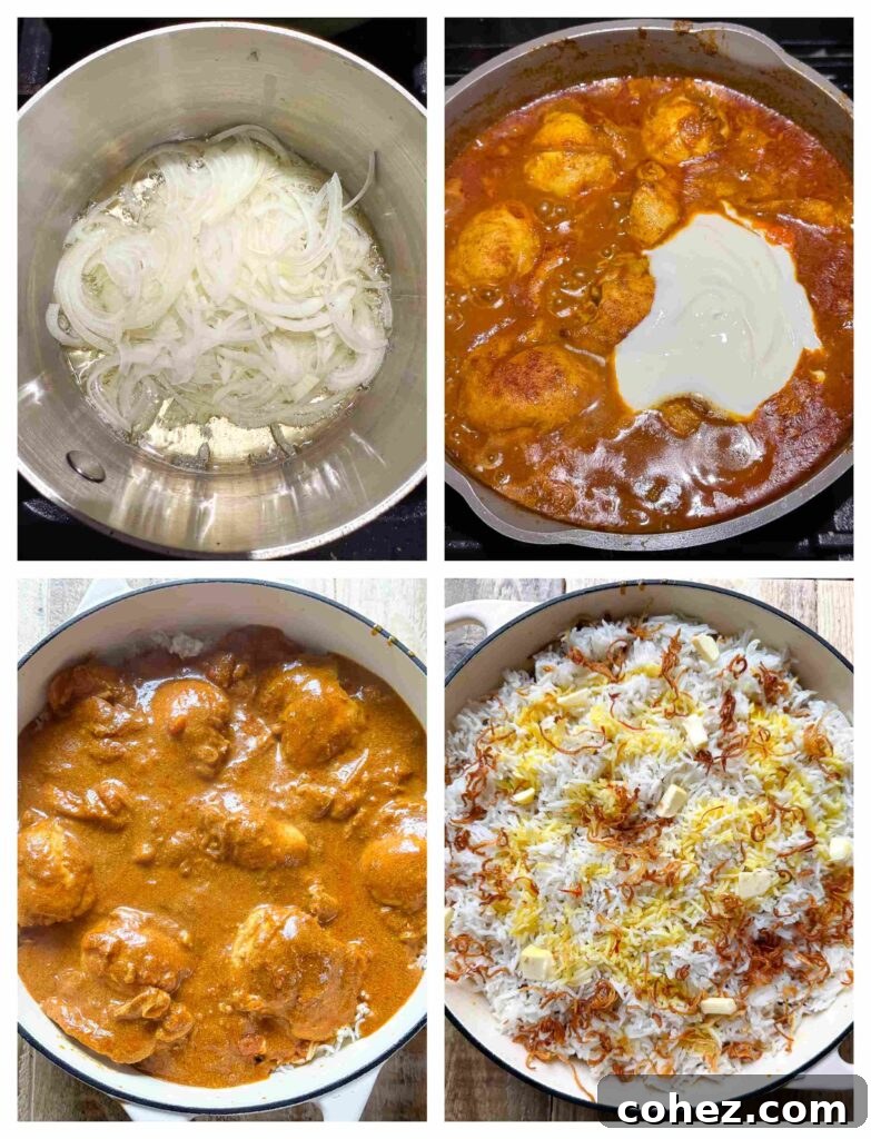 Process shots of onions and chicken being prepared before cooked with rice in a large pan