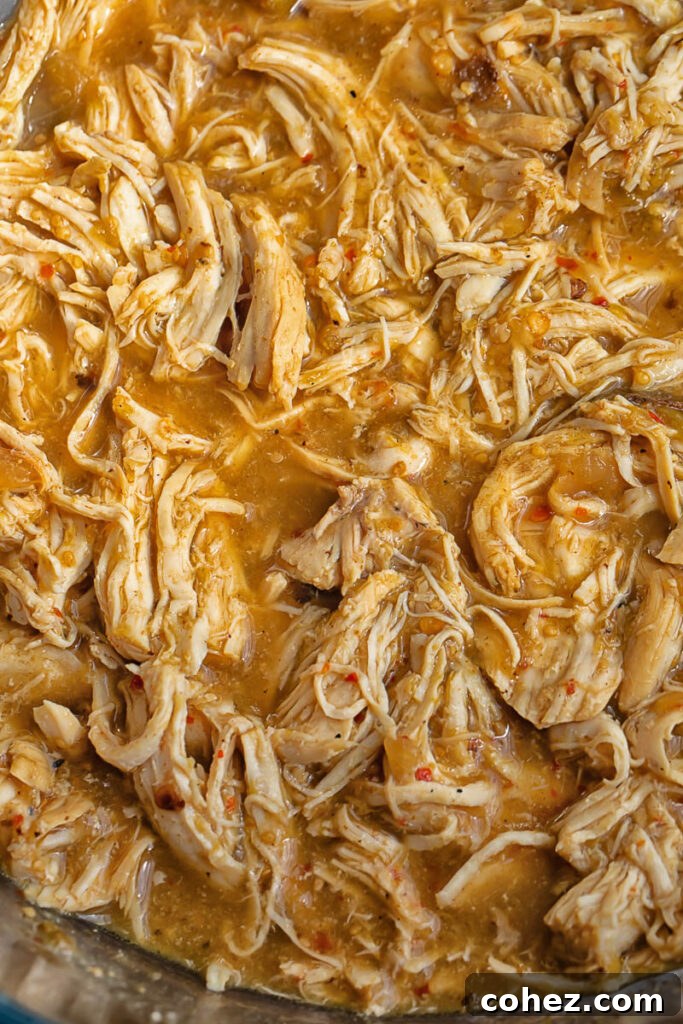 Close up shot of shredded salsa verde chicken in an instant pot