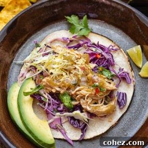 Top down shot of salsa verde chicken taco with slaw and avocado on a plate
