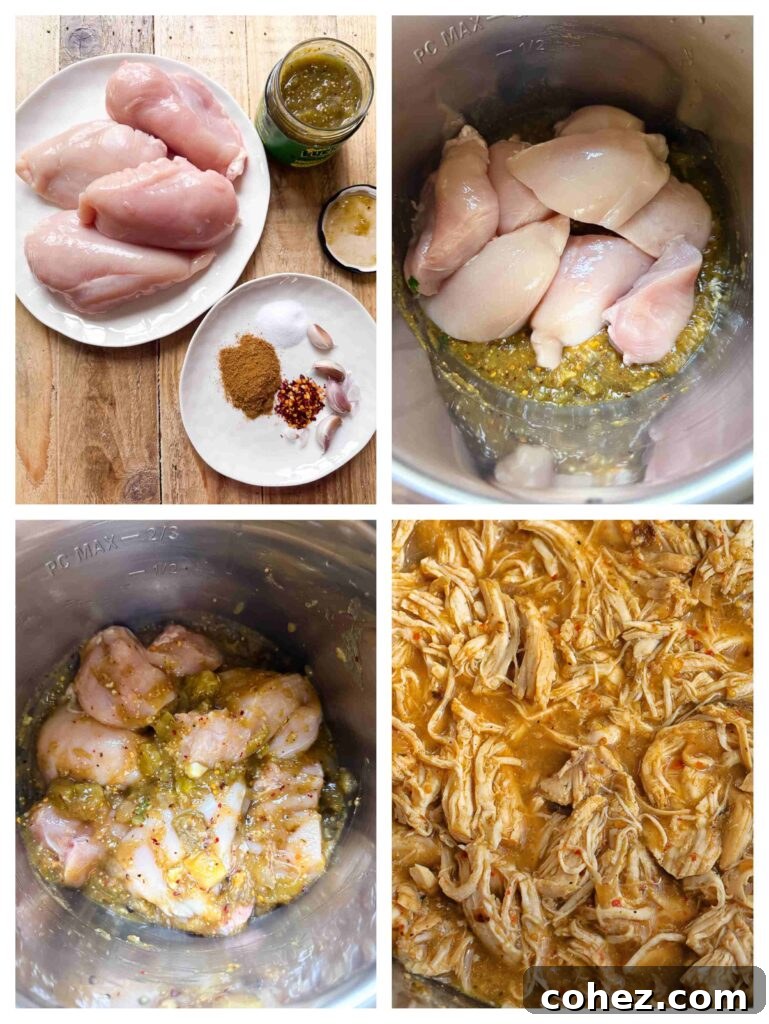 Fiesta Chicken Burrito Bowl 5 Process shots of chicken breasts being marinated then cooked in instant pot