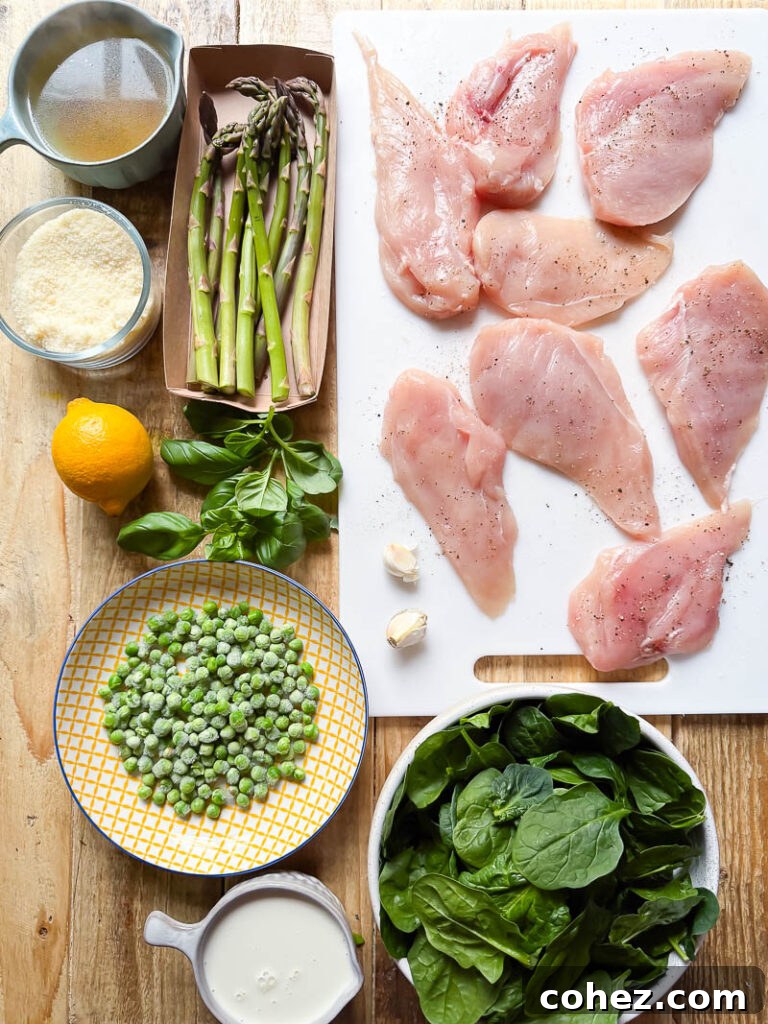 Process shots of all chicken primavera ingredients on a cutting board