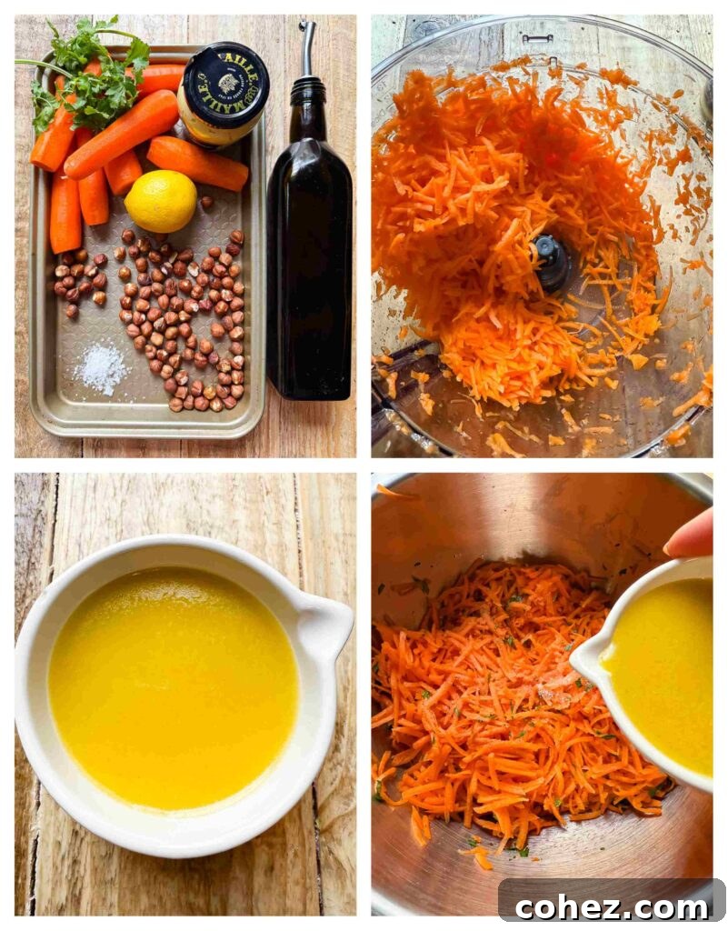 Process shots of carrots and hazelnuts being prepared and combined with salad dressing