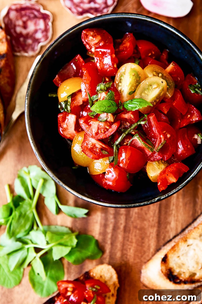 Vibrant Tomato and Basil Bruschetta Topping on toasted bread