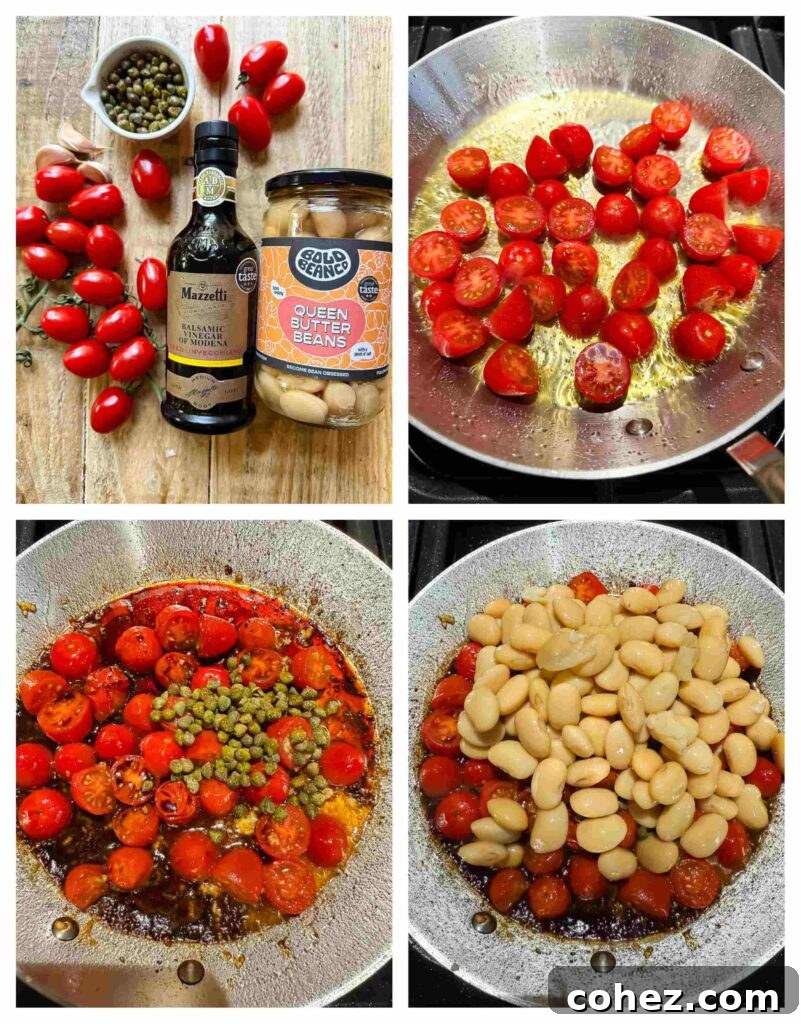 Process shots of butter beans and cherry tomatoes being prepped then cooked in a pan