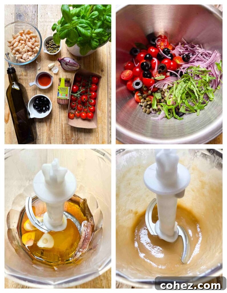 Vibrant White Bean Puttanesca 4 Process shots of the bean salad and dressing being prepared