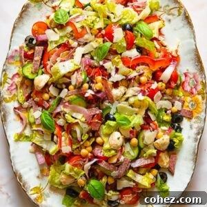 Top down shot of Italian chopped salad on a serving platter