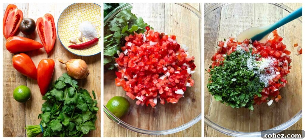 Process shots of ingredients being finely sliced and mixed together in a bowl, demonstrating the preparation of pico de gallo.