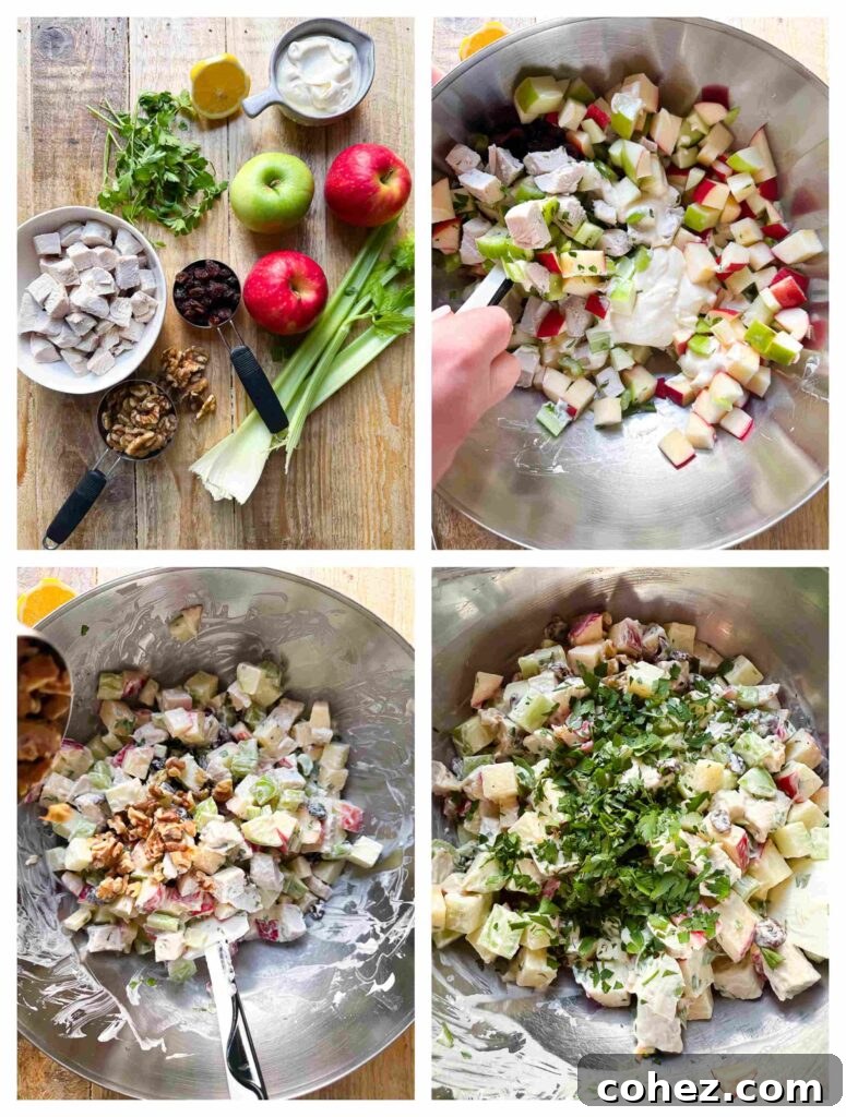 Process shots of salad ingredients being prepped and combined 