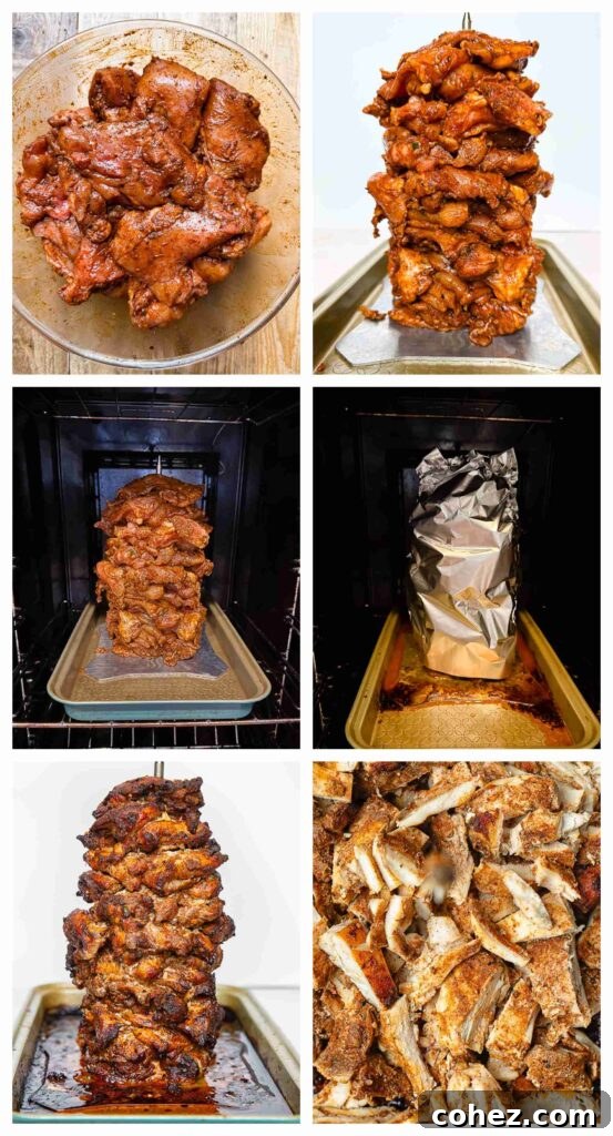 Process shots of chicken thighs being marinaded and skewered before roasted 