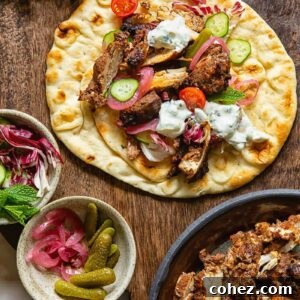 Top down shot of chicken shawarma on a flatbread