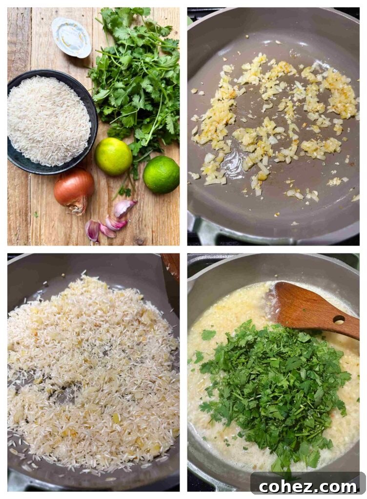 Zesty Cilantro Lime Rice 4 Process shots of ingredients being prepped then combined in a pan