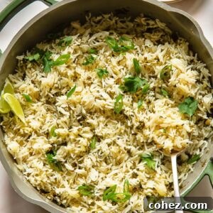 Top down shot of cilantro lime rice in a large pan