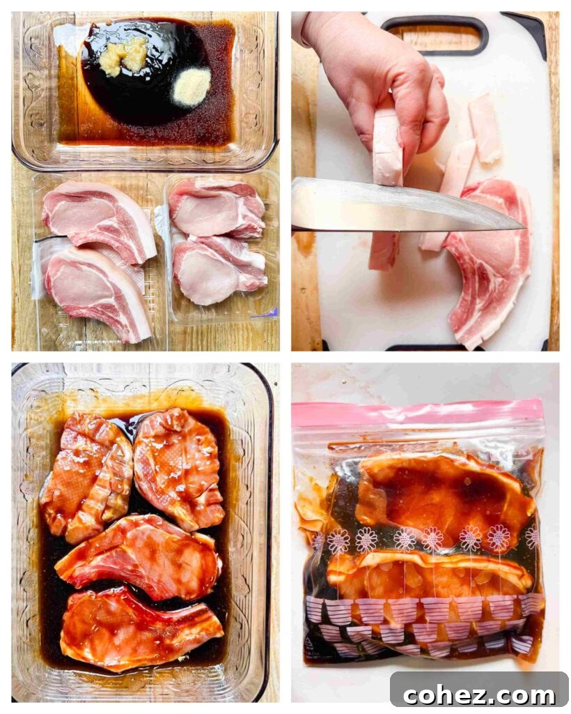 Flame Kissed Teriyaki Pork Chops 5 Process shots of pork chops being prepped and marinated