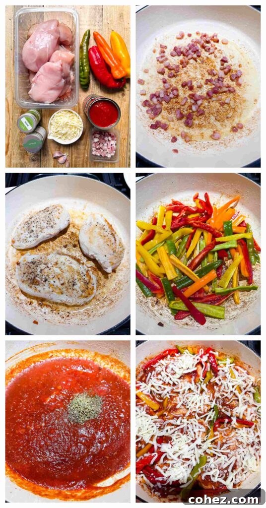 Process shots showing chicken being seasoned, then cooked with bell peppers in a pan, illustrating the initial steps before baking.