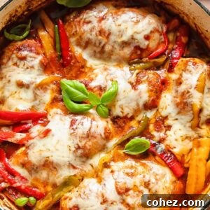 Top down shot of chicken marinara in a large pan