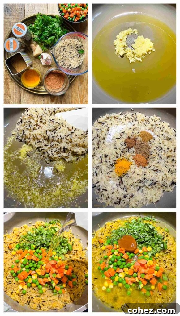 Aromatic Basmati and Wild Rice Pilaf with Vibrant Vegetables 4 Process shots of pilaf ingredients being prepped and cooked in a pan