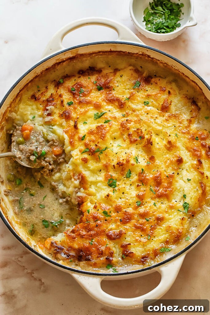 Meat and Potato Bake 2 Top down shot of shepherd's pie in a large dish