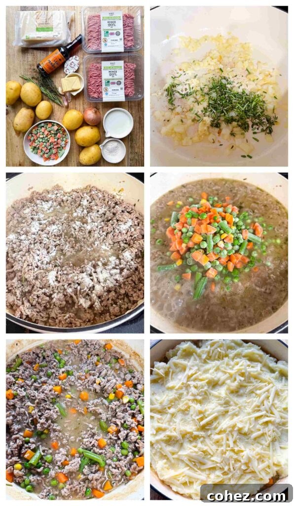 Meat and Potato Bake 4 Prcoess shots of ingredients being cooked and constructed into a pie