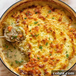 Meat and Potato Bake 5 Top down shot of shepherd's pie in a large dish