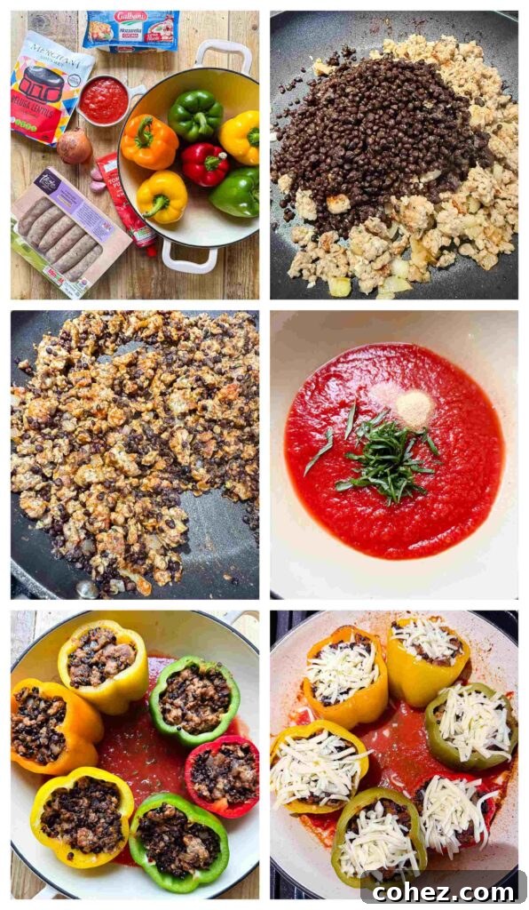 Process shots of sausage and lentils being cooked and stuffed into peppers