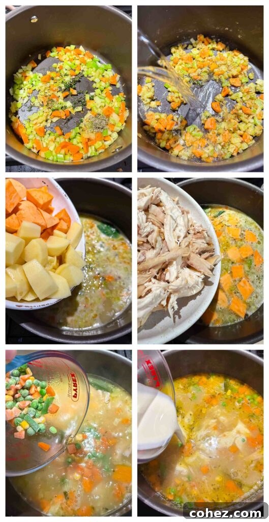 Process shots showing various ingredients being prepped, chopped, and cooked into the creamy turkey chowder in a pot.