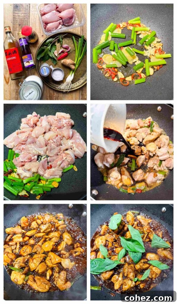 A series of process shots depicting the preparation of Three Cup Chicken, from ingredient prep to stir-frying in a wok.