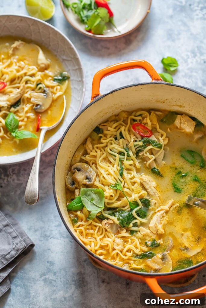A large pot of simmering chicken noodle soup next to a ready bowl, emphasizing generous portions.