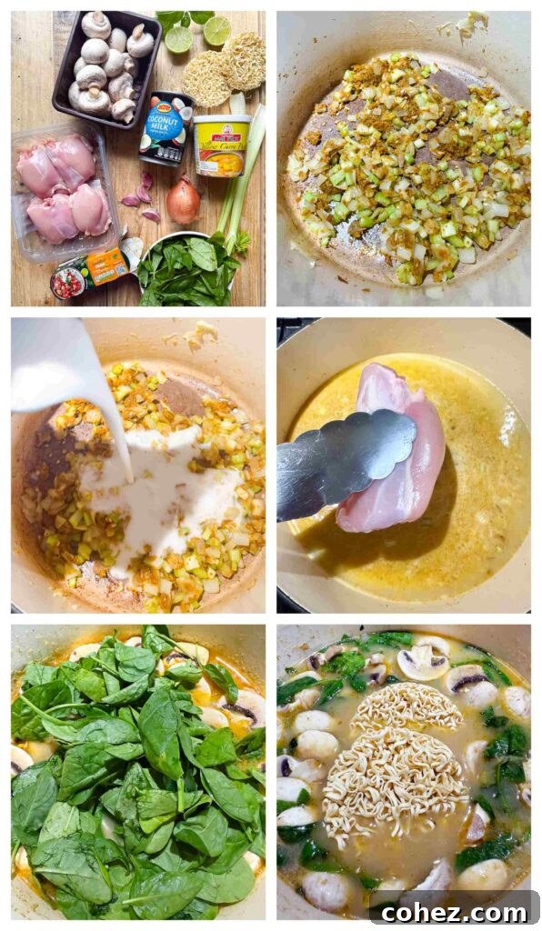 Process shots showing ingredients being prepped, chicken being cooked, and the final soup simmering in a pot.