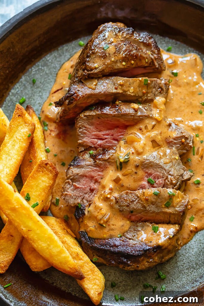 Succulent Steak Diane on a plate with crispy fries and a rich, creamy sauce generously coating the fillet.