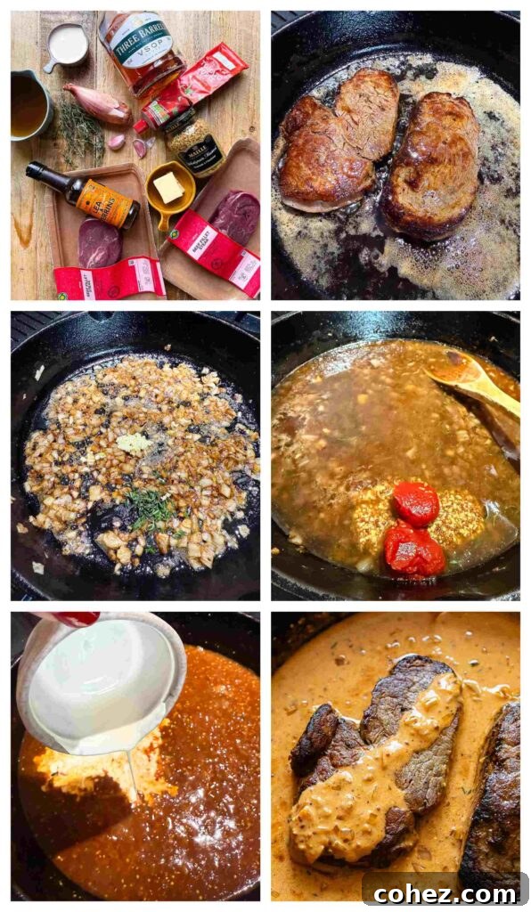 Step-by-step process shots showing how to cook fillet steaks and prepare the creamy Diane sauce in a pan.