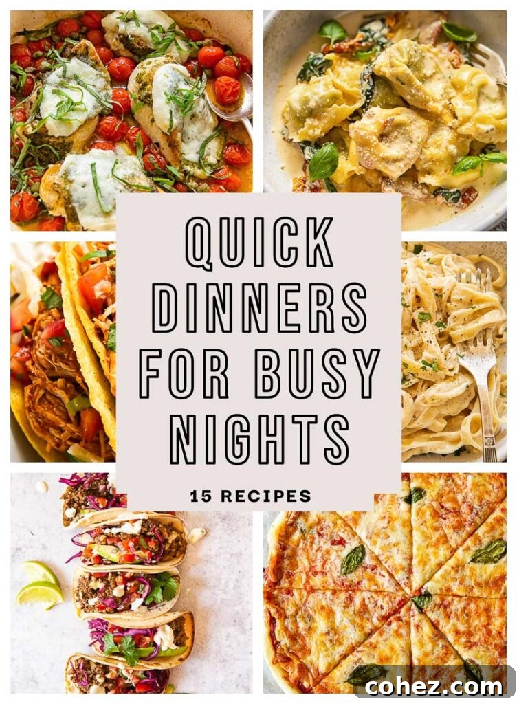Collage of various quick dinner photos including sloppy joes, pasta, tacos, and salmon