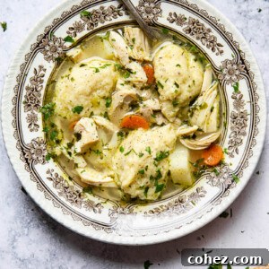 A hearty bowl of Chicken and Dumpling Soup, brimming with shredded chicken, vegetables, and fluffy, traditional dumplings.
